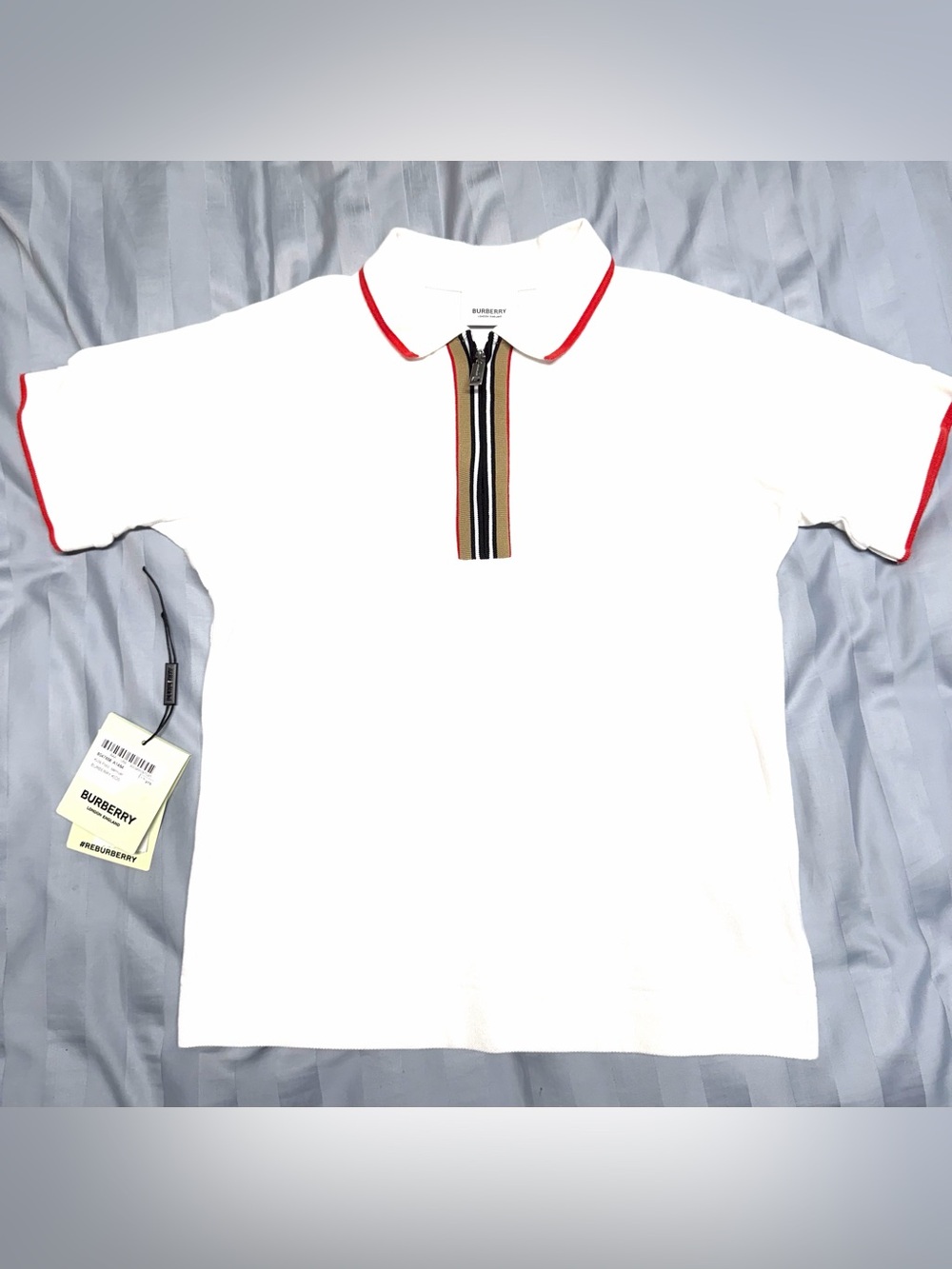 Burberry White Polo with Red Trim and House Check Zip Placket- boy size 10Y